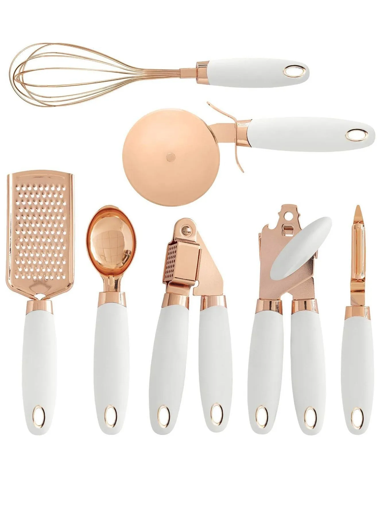 7 PCS Kitchen Gadget Set Copper Coated Stainless Steel Utensils with Soft Touch White Handles, Cooking Tools Including Garlic Press, Whisk, Ice Cream Scoop, Can Opener, Peeler, Scraper, Pizza Knife-1