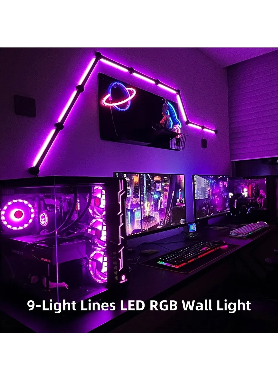 9-Light Lines LED RGB Wall Light Bluetooth Gaming Lights DIY Room Lights لغرفة الألعاب وغرفة المعيشة وغرفة النوم باللون الأسود-1