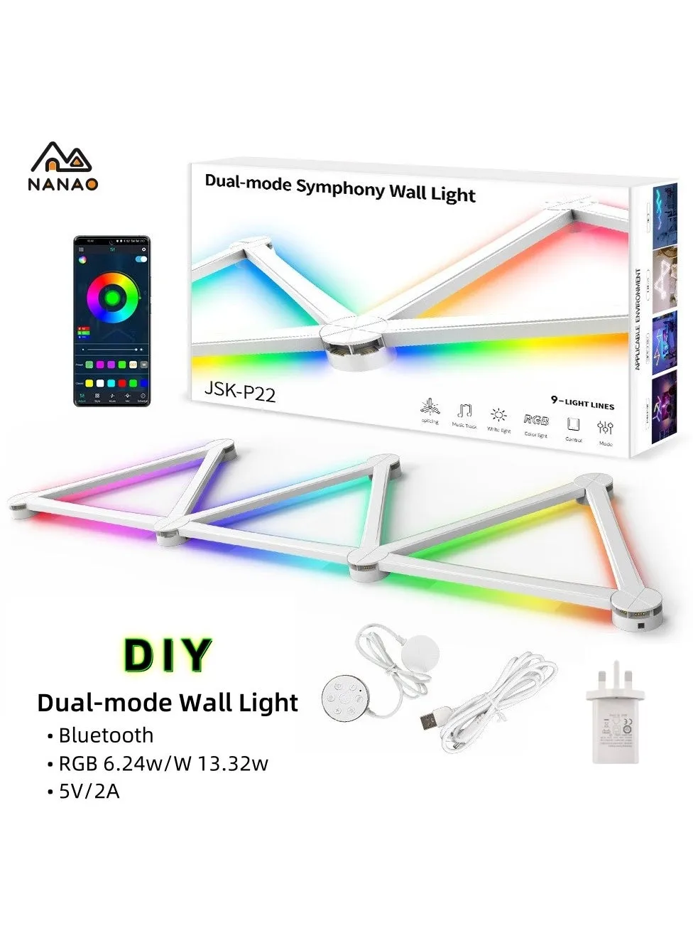 9-Light Lines LED RGB Wall Light Bluetooth Gaming Lights DIY Room Lights لغرفة الألعاب وغرفة المعيشة وغرفة النوم باللون الأبيض-1