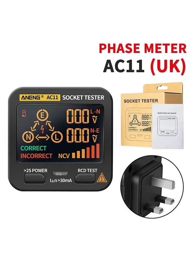 AC11 اختبار المقبس كاشف التسرب الكهربائي شاشة LCD سلك أرضي صفر خط سلك حي المرحلة متعدد الوظائف الكهربائية الكهربائية RCD NCV اختبار كهربائي دائرة قطبية الكاشف المملكة المتحدة التوصيل-2