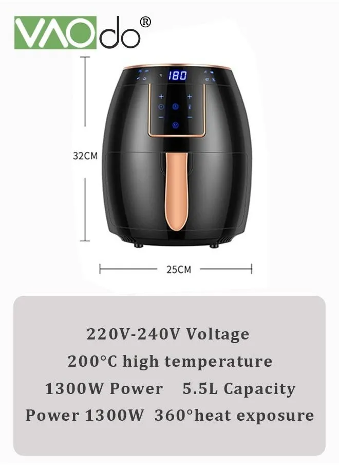 مقلاة هوائية سعة 5.5 لتر مقلاة هوائية كهربائية خالية من الزيت شاشة عرض رقمية 1300 وات الطاقة المقدرة باللون الأسود-2