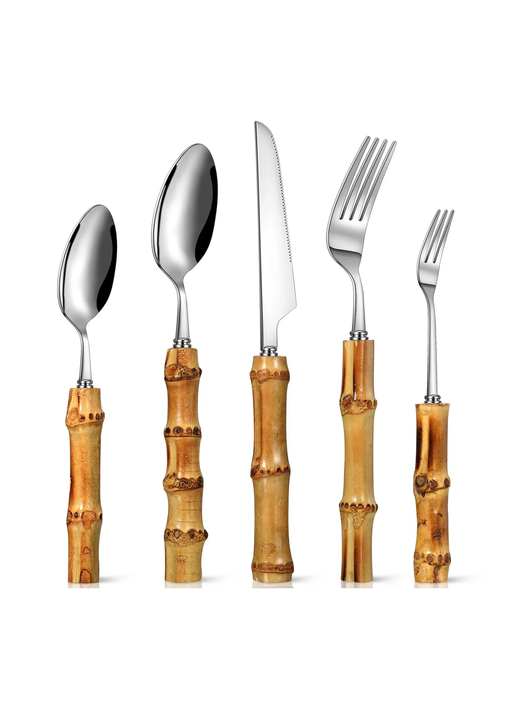 Bamboo Silverware Set Natural Bamboo Flatware Set Hand Crafted Bamboo Cutlery Utensils (5 sets, 20 Cutlery Pieces, Silver)-1