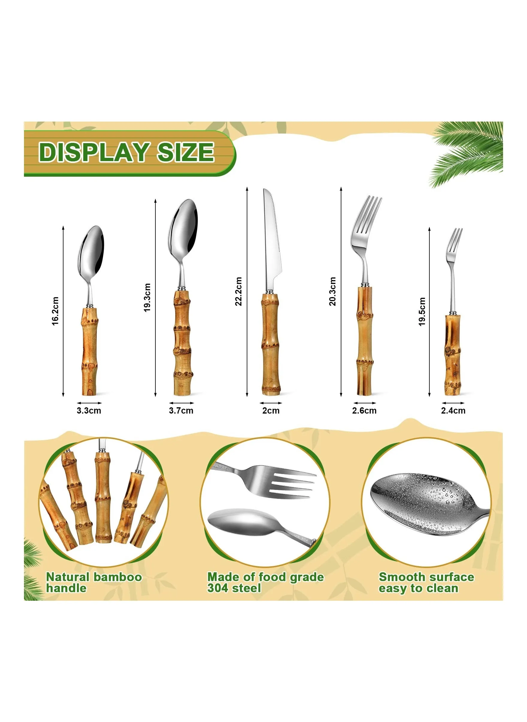 Bamboo Silverware Set Natural Bamboo Flatware Set Hand Crafted Bamboo Cutlery Utensils (5 sets, 20 Cutlery Pieces, Silver)-2