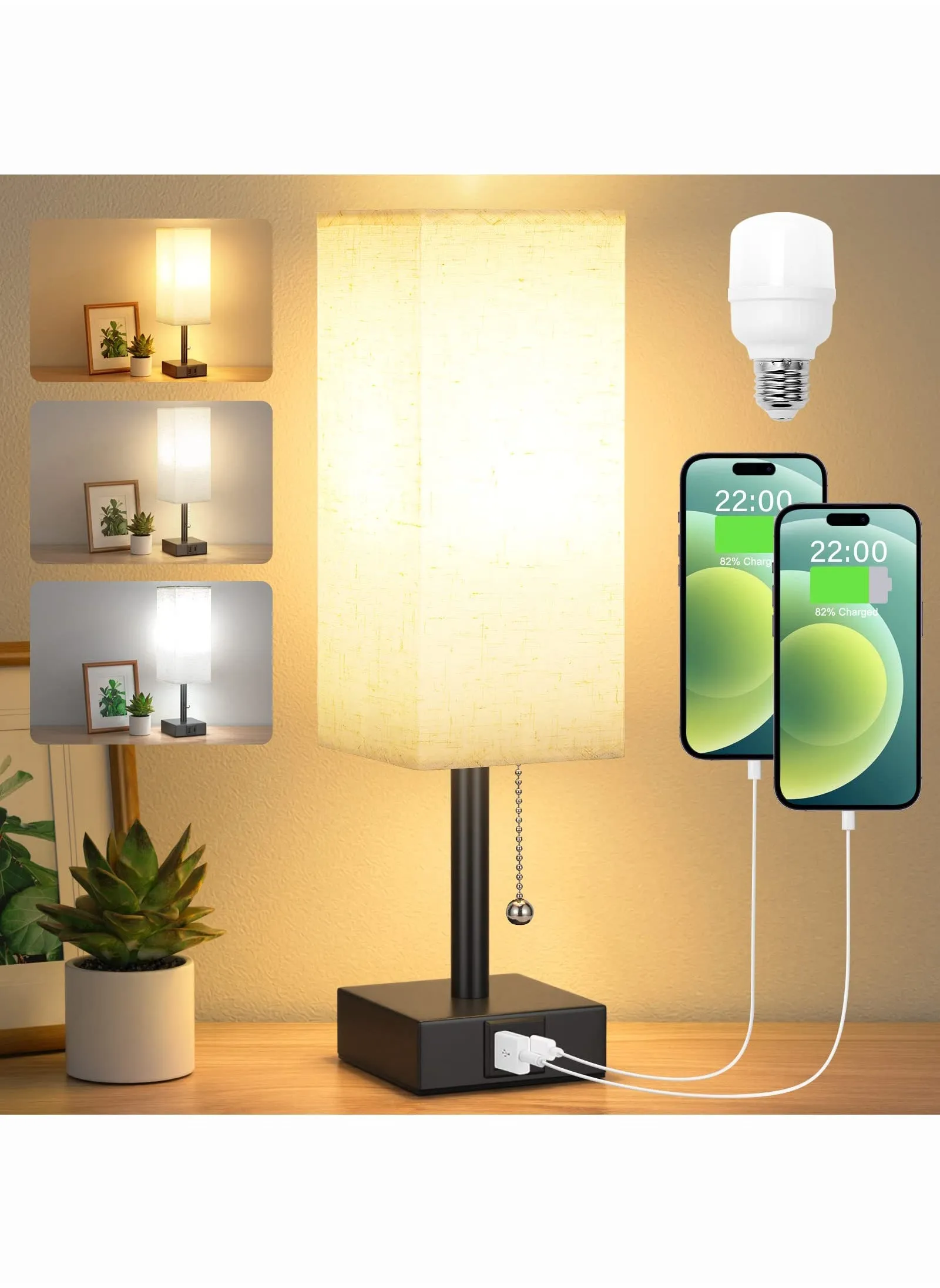 Bedside Table Lamp with 3 Color Temperatures - 3000/4000/5000K Small Lamp with USB C+A Ports, Nightstand Lamp with 3 Color Modes by Pull Chain, Bedroom Lamp for Living Read Work(LED Bulb Included)-1