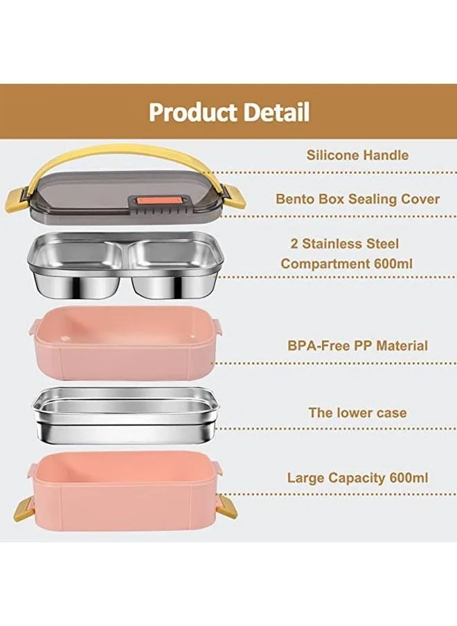 صندوق غداء بينتو للبالغين والأطفال، صندوق وجبات محمول من الفولاذ المقاوم للصدأ قابل لإعادة الاستخدام ومحمول بطبقتين، حاويات تخزين طعام مانعة للتسرب سعة 1200 مل، صندوق غداء آمن للاستخدام في غسالة الأطباق في الميكروويف مع ملعقة - وردي-2