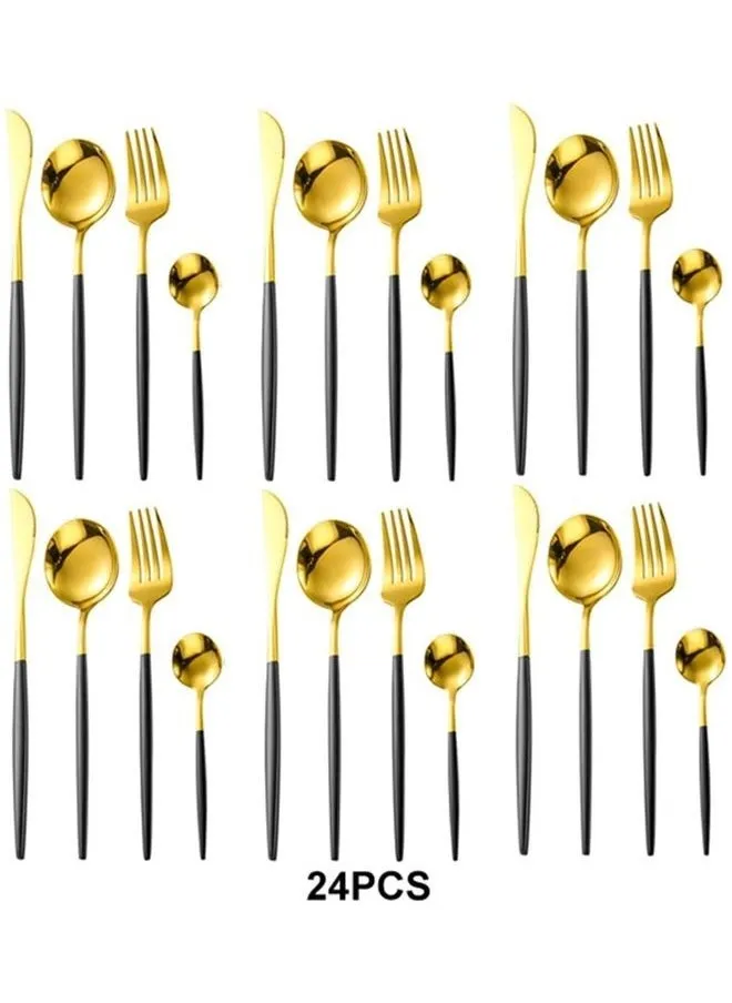 Black Gold Flatware,  24-Piece 304 Stainless Steel Matte Black Handle Gold Flatware Sets Including Fork Spoons Knife Tableware Reusable Utensils Mirror Polished Cutlery Utensil Set Service for 6-1