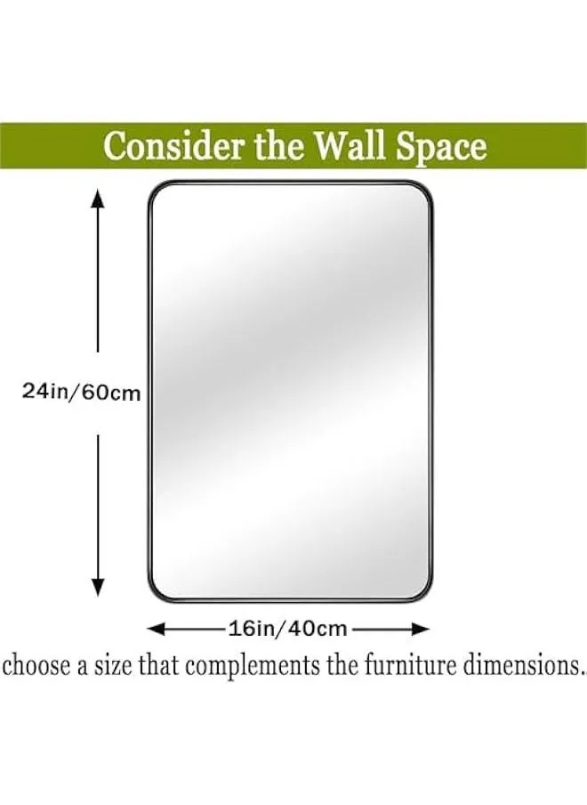 مرآة حمام بإطار معدني أسود للحائط، مرآة مستطيلة مثبتة على الحائط مقاس 60 × 40 سم، مرايا حمام مستطيلة، زجاج مقسى، تعلق أفقيا أو عموديًا لغرفة النوم وغرفة المعيشة من ميلند دي-2