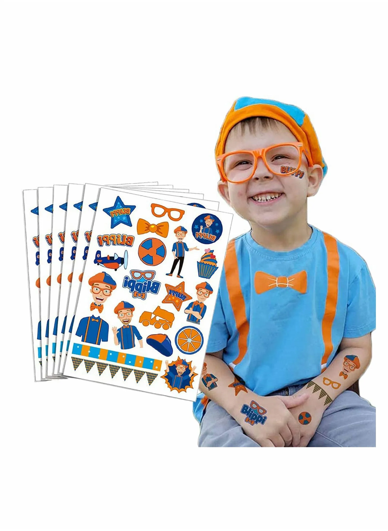 Blippi Birthday Sticker Party Supplies 6 Sheet Temporary Tattoos for Kids KASTWAVE English Teacher Favors Gifts for Kids for Classroom School Rewards Prizes Carnival Decor Birthday Decorations-1