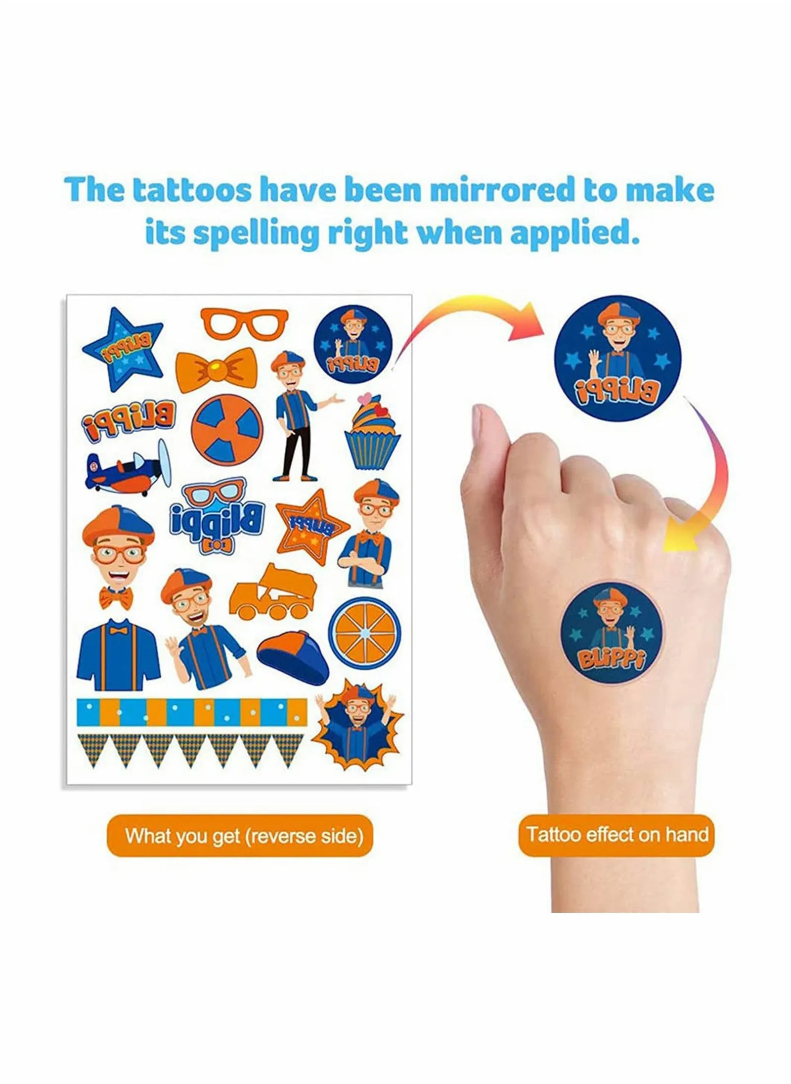 Blippi Birthday Sticker Party Supplies 6 Sheet Temporary Tattoos for Kids KASTWAVE English Teacher Favors Gifts for Kids for Classroom School Rewards Prizes Carnival Decor Birthday Decorations-2