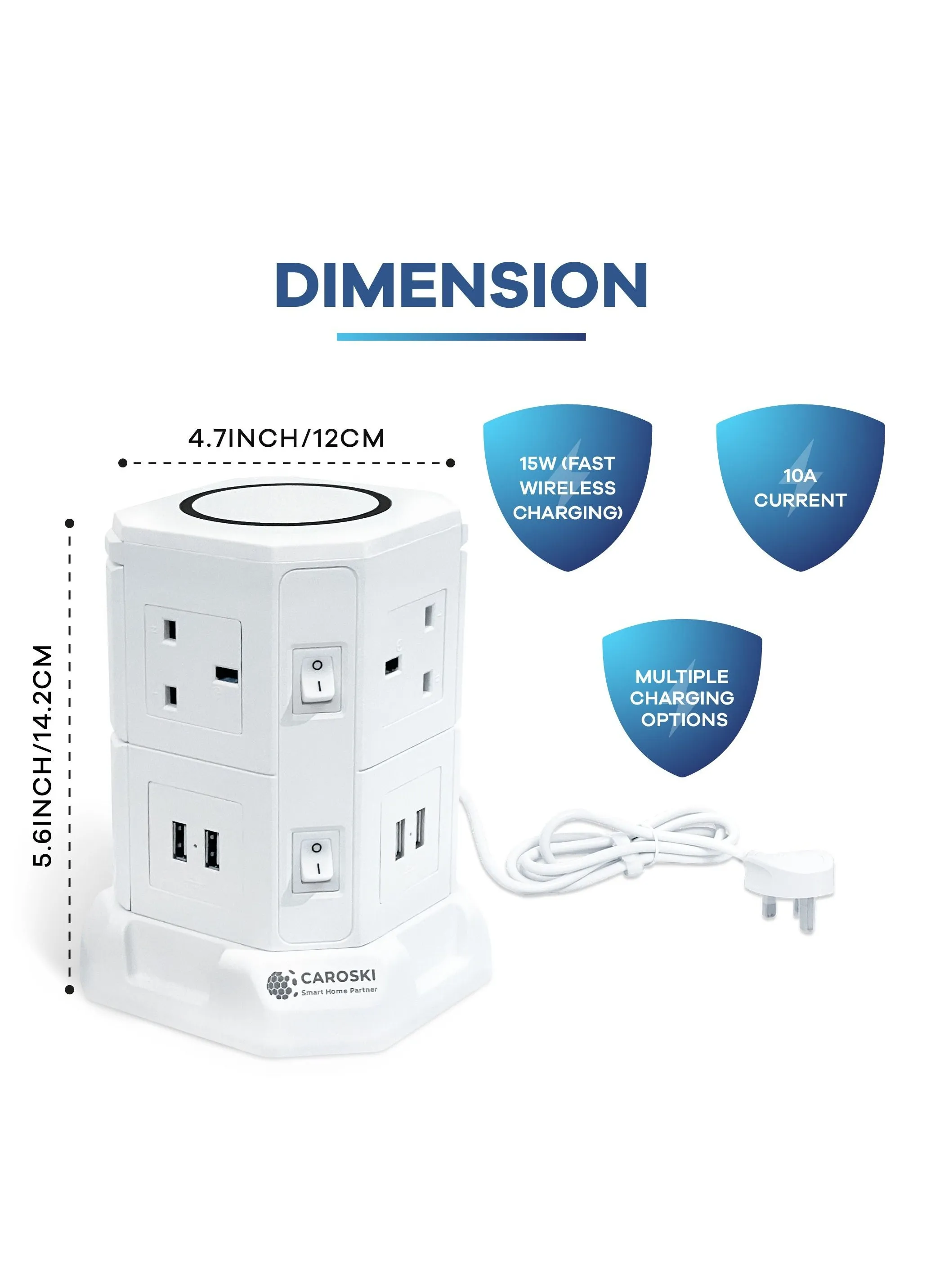 سلك تمديد برج CAROSKI - 9 مقبس طاقة 13 أمبير مع 4 محطة شاحن USB - برج التمديد اللاسلكي هو كابل تمديد محمي لمستلزمات المكاتب متعدد التوصيل ومقاوم للحريق-2