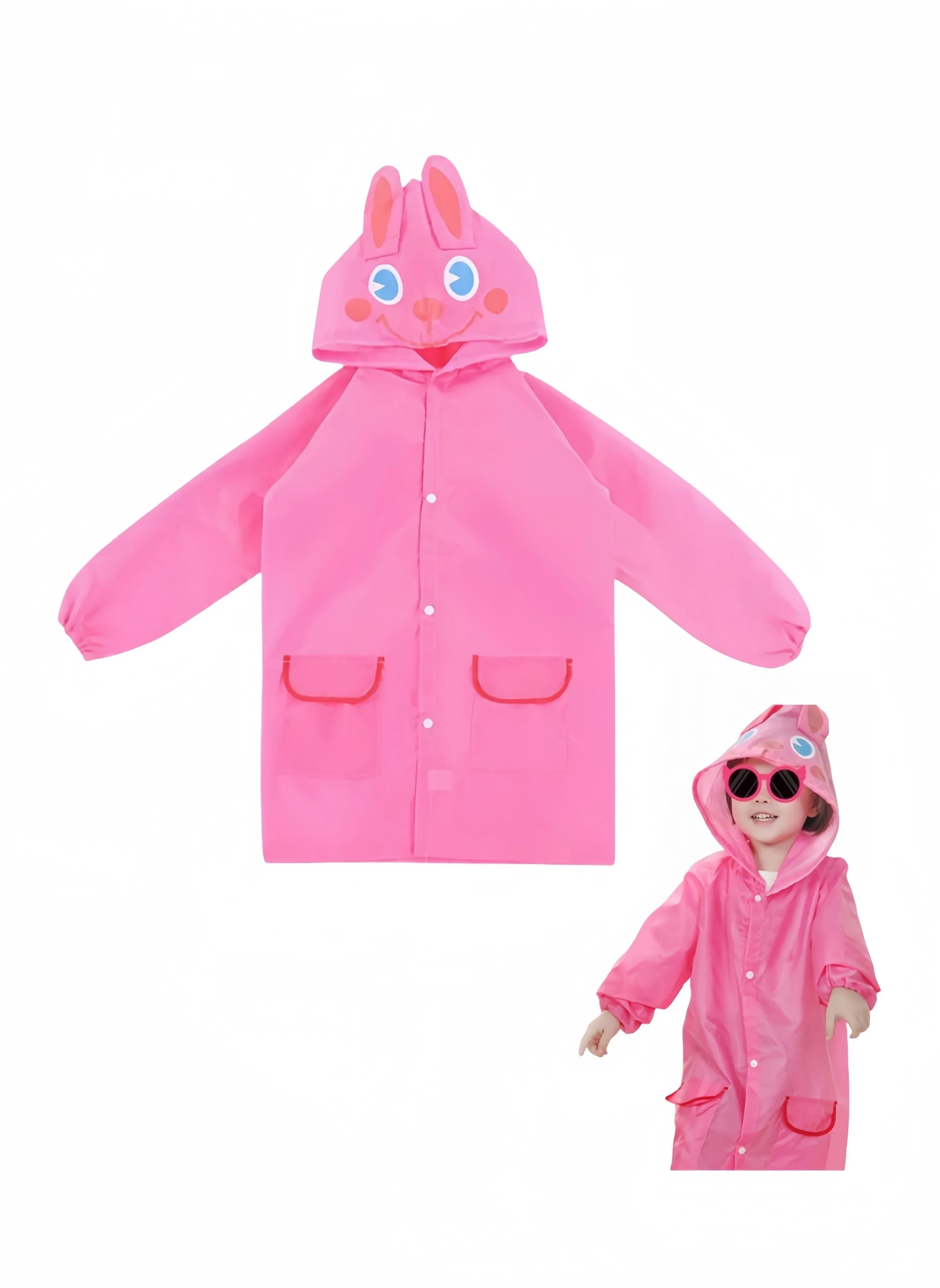 Children's raincoats, Cartoon Kids Rain Jacket, Hooded Poncho Outdoors Transparent Raincoat Student Suit Waterproof Durable Windbreaker (PINK RABBIT)-1