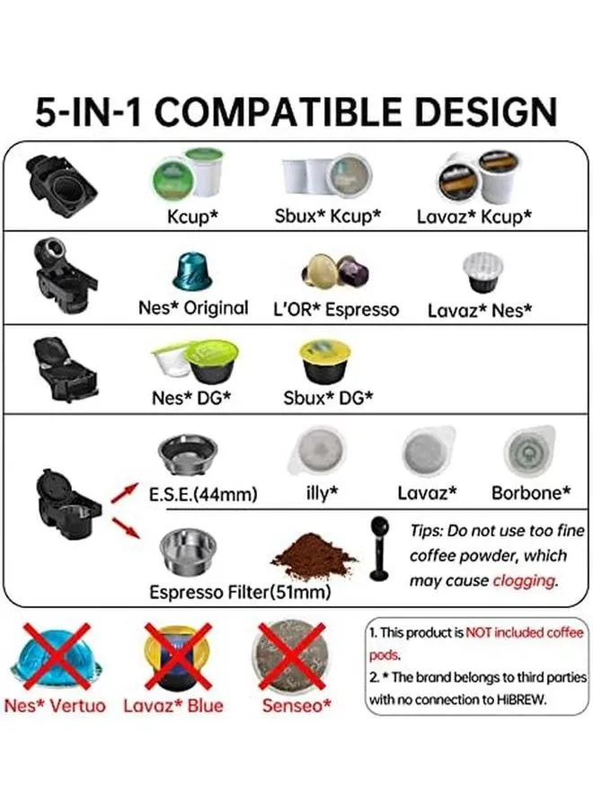 ماكينة صنع القهوة 5 في 1 ماكينة اسبريسو للكبسولات Dg* Nes* قهوة مطحونة أصلية K كوب* Ese Pod متوافقة مع الوضع البارد الساخن 600 مل 19 بار أسود 5 في 1-2