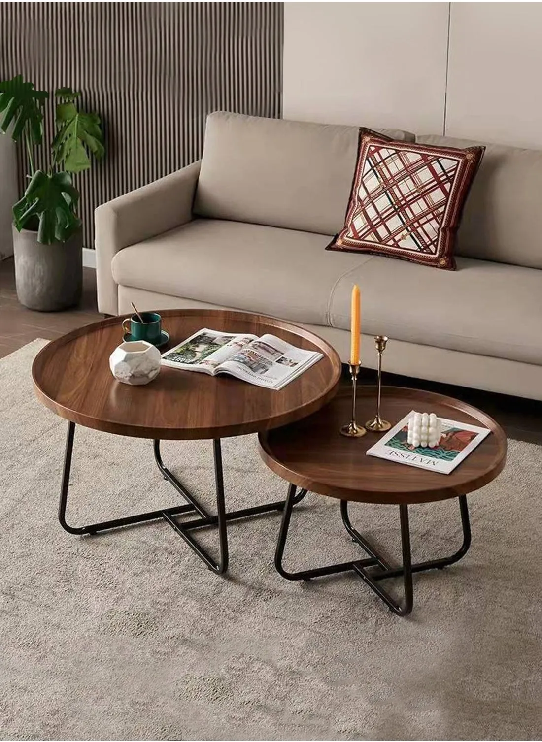 Coffee Table Nesting Set Of 2 Side Set Metal Frame Circular And Wooden Tables, Side Tables, Living Room Bedroom Apartment Modern Industrial Simple Nightstand-1