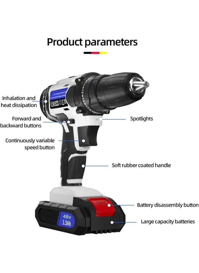 مجموعة مثقاب لاسلكي 48 فولت مثقاب كهربائي بحد أقصى 45 ن/م 25 + 1 مرحلة تعديل عزم الدوران وظيفة تعديل السرعة خفيفة الوزن، تحويل للأمام والخلف، ضوء LED، بطاريتان-2