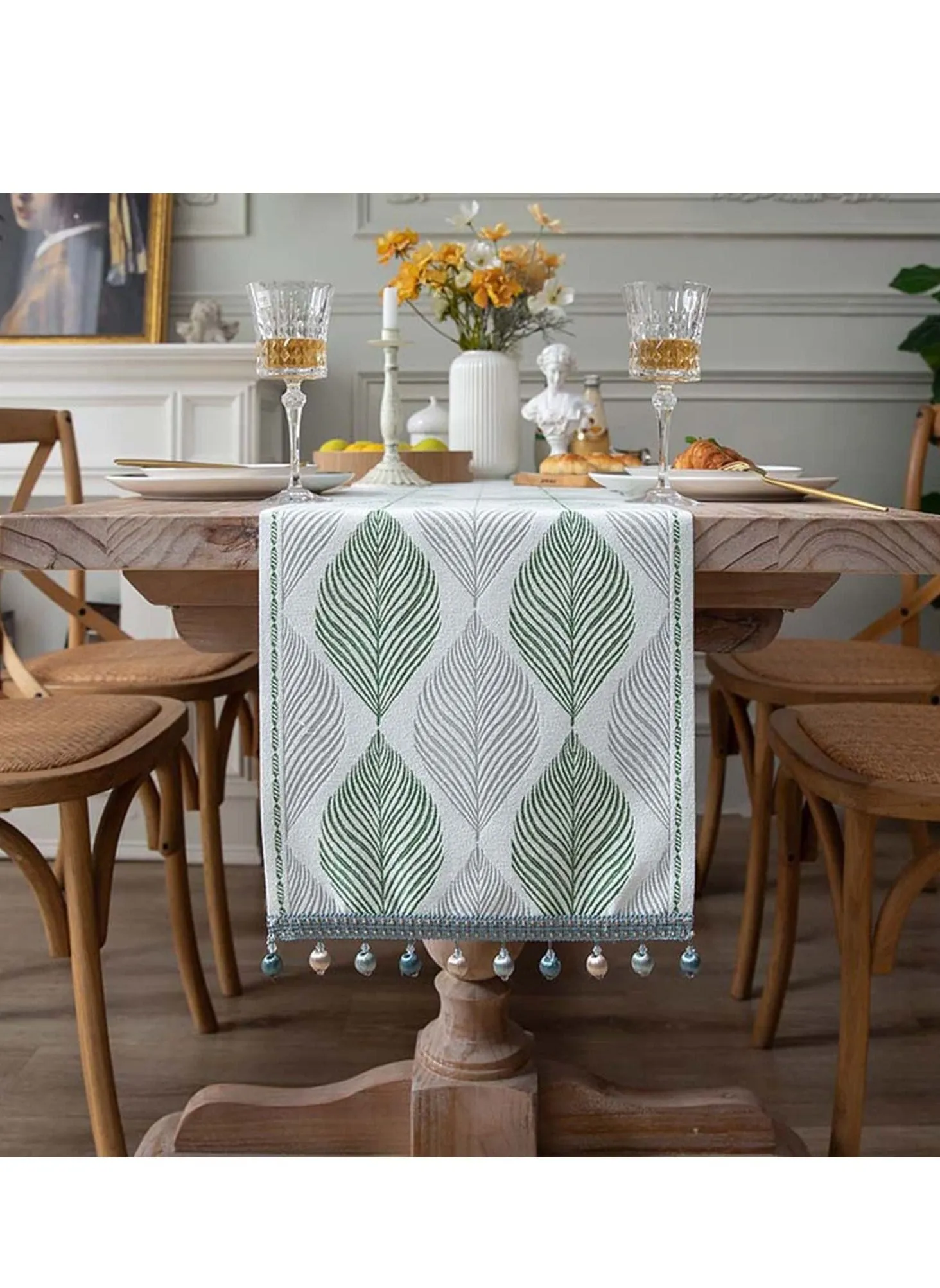 Cotton Linen Table Runner Spring Runners Farmhouse Green Leaves Macrame Coffee Runner with Handmade Tassels for Restaurant Hotel Cafe Home Kitchen Dining Holiday Wedding Party-2