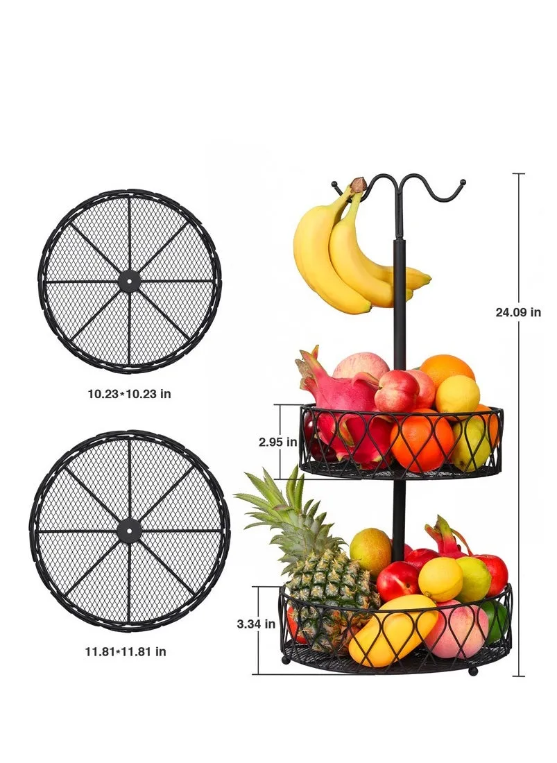 تخزين وعاء سلة الفاكهة على سطح الطاولة: وعاء فواكه بسلك معدني قابل للفصل بطبقتين مع حامل خضروات لشماعة الموز | سلال الخبز وجبة خفيفة عدادات المطبخ المنظم الرف-2