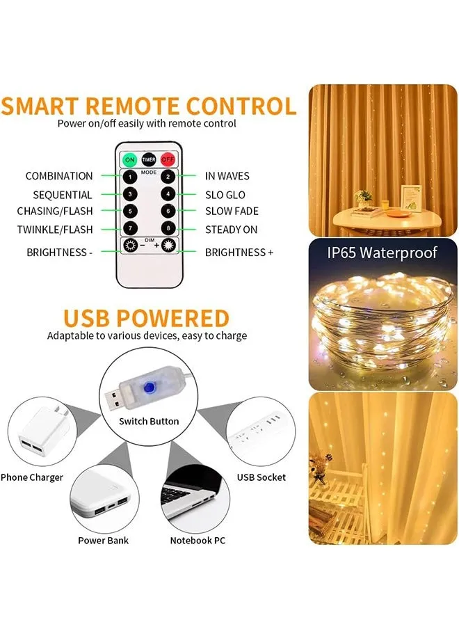 سلسلة أضواء زخرفية للستائر وميض 3 متر × 3 متر 300 مصباح LED يعمل بمنفذ USB 8 أوضاع قابلة للتعديل مع جهاز تحكم لاسلكي للنافذة وأعياد الميلاد وحفلات رمضان الداخلية والخارجية، أبيض دافئ-2