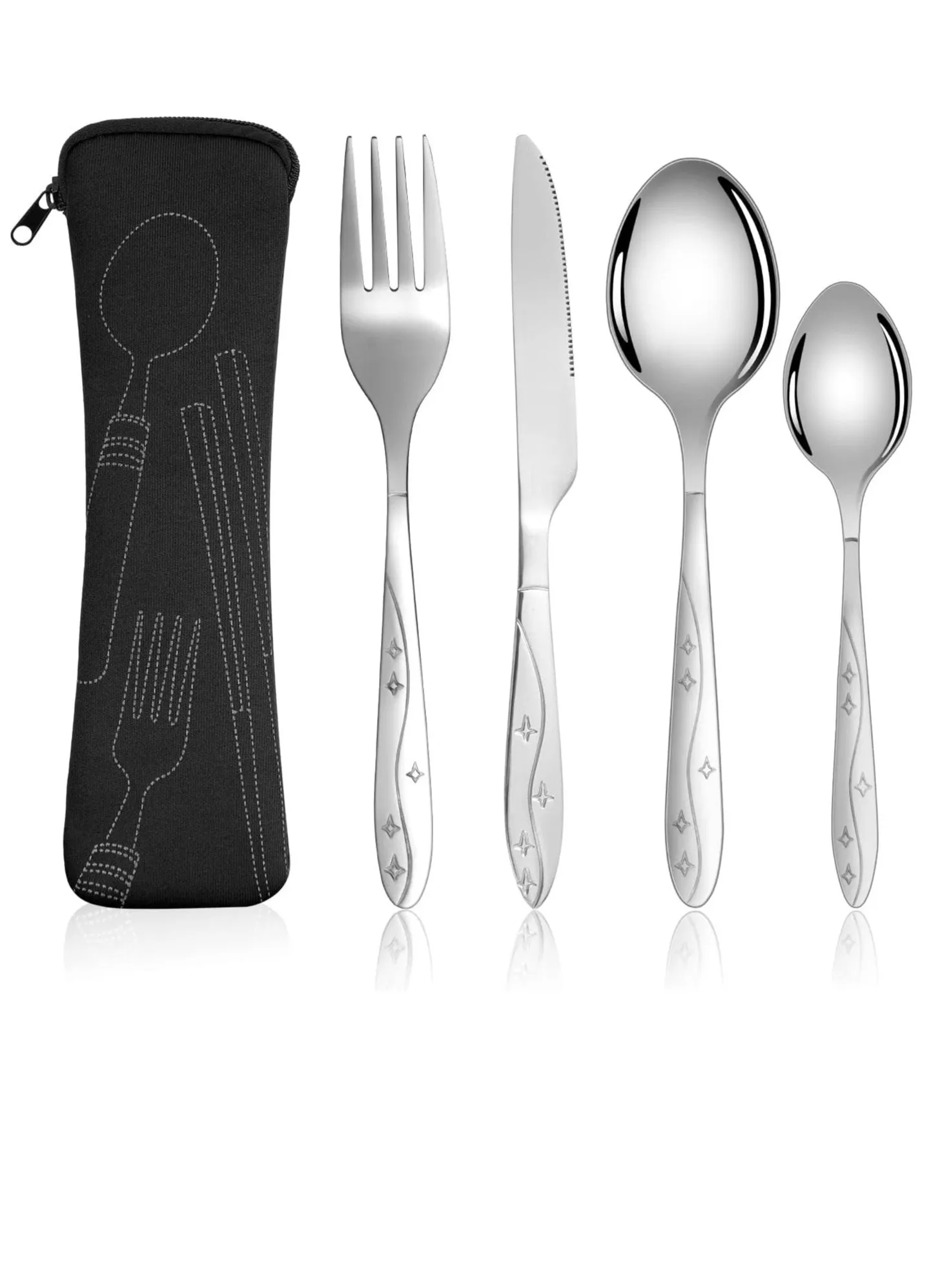 Cutlery Set Silver, Stainless Steel Flatware, Camping Cutlery Utensil Set with Portable Pouch Case, for Outdoor Travel Picnic Office School Lunch Box, Dishwasher Safe, Mixed Cutlery Sets-1