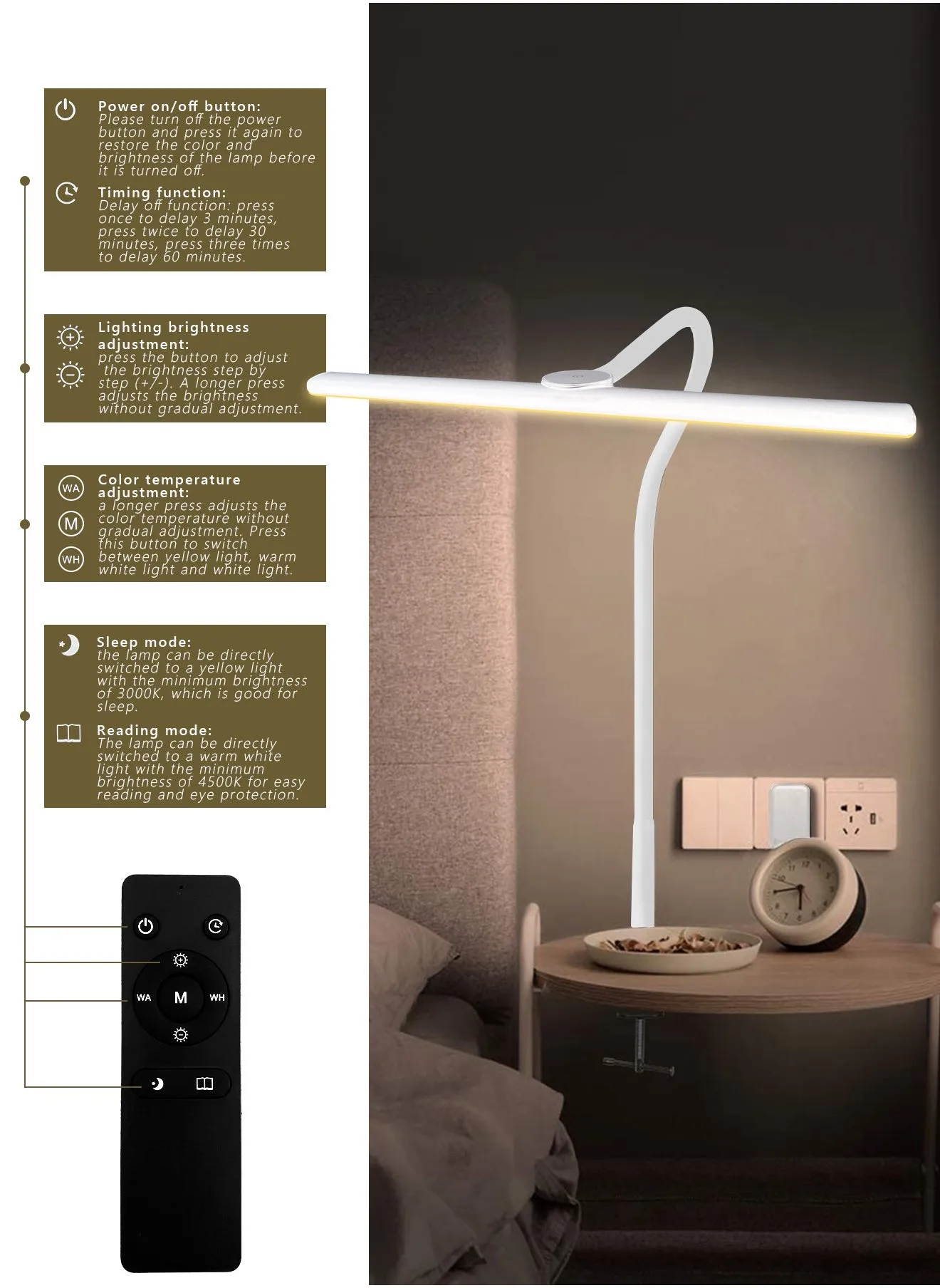 مصباح مكتب مع مشبك، 3 اوضاع الوان، مصباح مرن بمشبك على شكل عنق الاوزة للعناية بالعين 18 واط + جهاز تحكم عن بعد، سطوع اللون مع مؤقت للمكتب والدراسة، 2180 لوكس للحفاظ على الطاقة (ابيض)-2