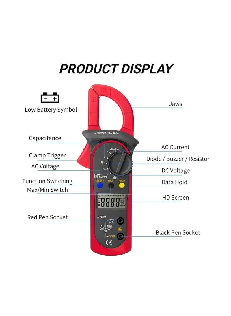 مقياس المشبك الرقمي، ST201 4000 عدد جهاز قياس الجهد الكهربائي المتعدد، قياس التيار المتردد تيار مستمر، مقاومة الجهد الكهربي، ثنائيات السعة، استمرارية التردد (أحمر)-2