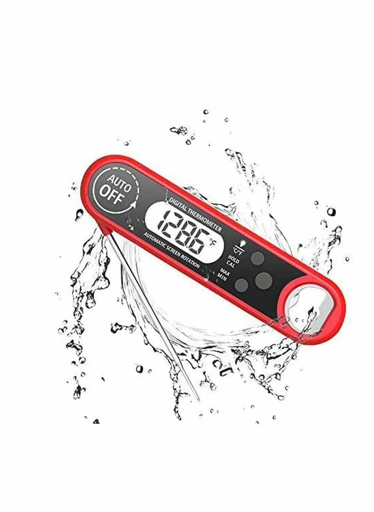 Digital Food Thermometer with Bottle Opener, Instant Read Sugar Thermometer Foldable Electronic Meat Thermometer with Probe, Red-1