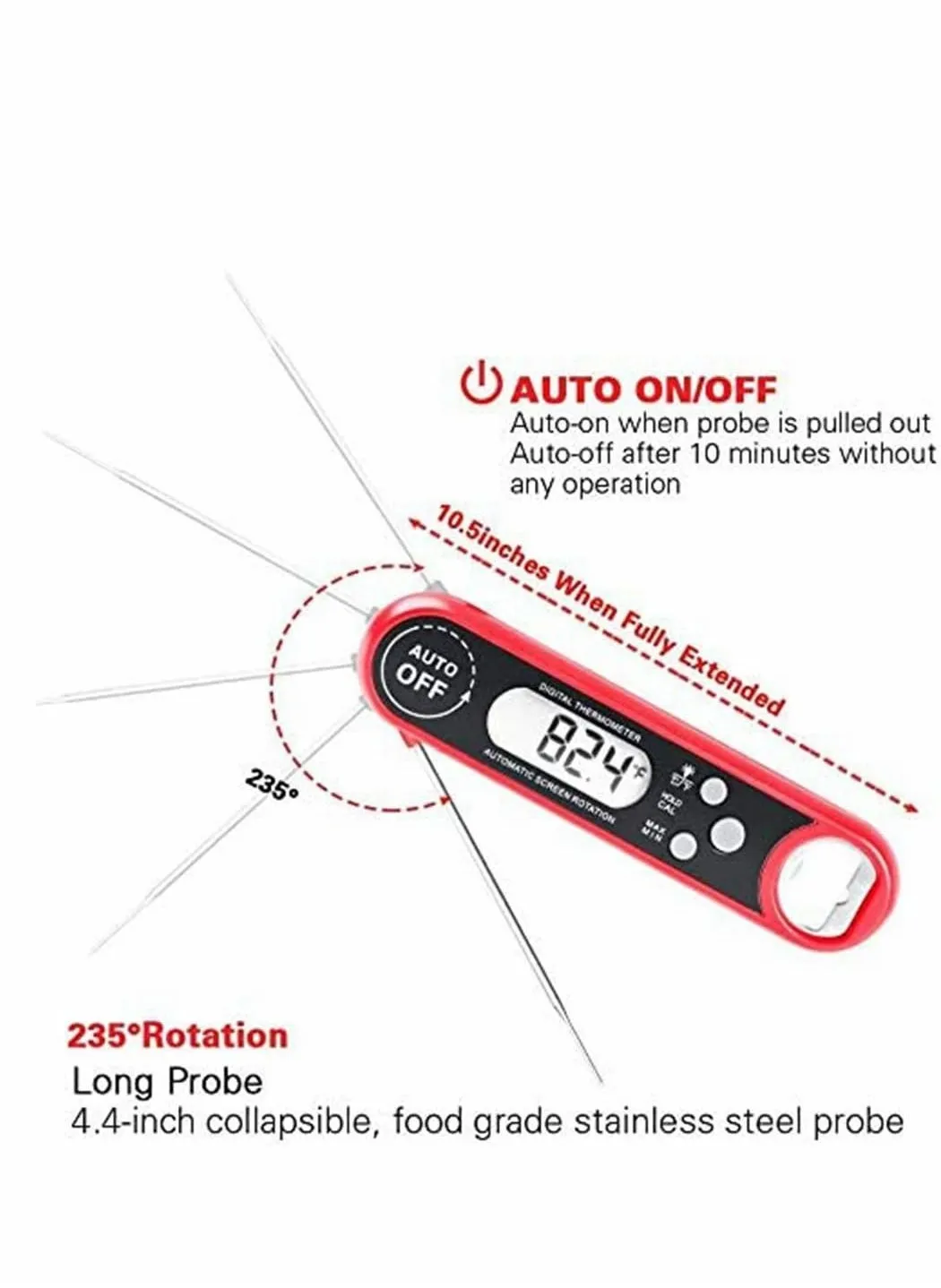 Digital Food Thermometer with Bottle Opener, Instant Read Sugar Thermometer Foldable Electronic Meat Thermometer with Probe, Red-2