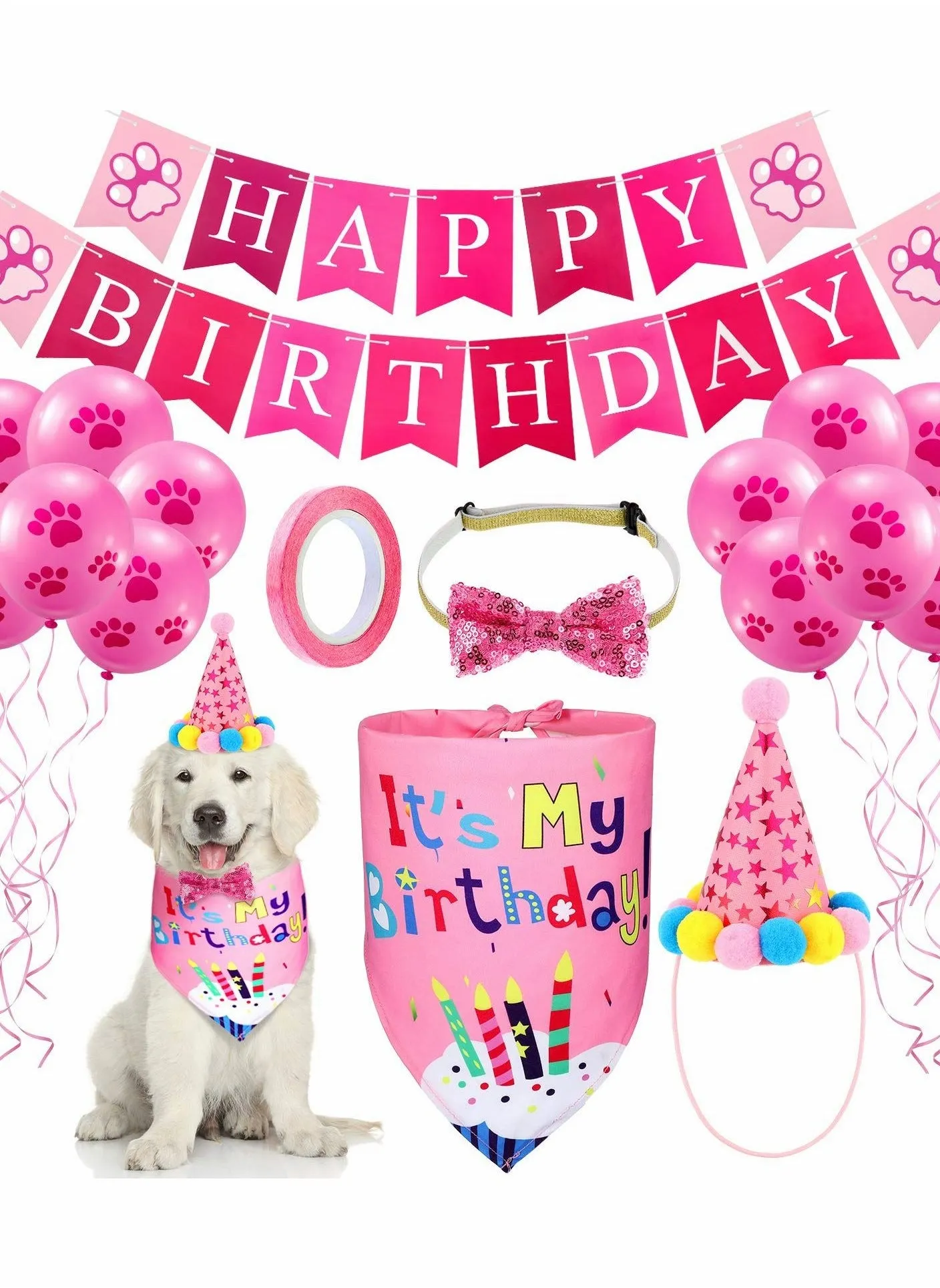 Dog Birthday Bandana Hat Set Dog Birthday Hat Bandana Scarf Shining Dog Bow Tie Collar Dog Happy Birthday Banner and 10 Piece 12 Inch Paw Print Balloon with Tape for Dog Pet Pink-1