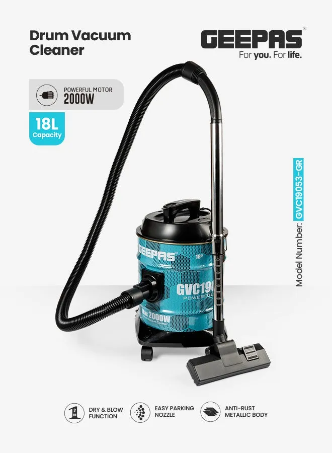 Drum Vacuum Cleaner- 18 L Dust Bag Capacity With Elegant Anti-Rust Metallic Body,  Powerful Suction, Dry and Blow Function, Dust Full Indicator,  Perfect for Home, Office, Apartments 18 L 2000 W GVC19053-GN Blue/Black-1