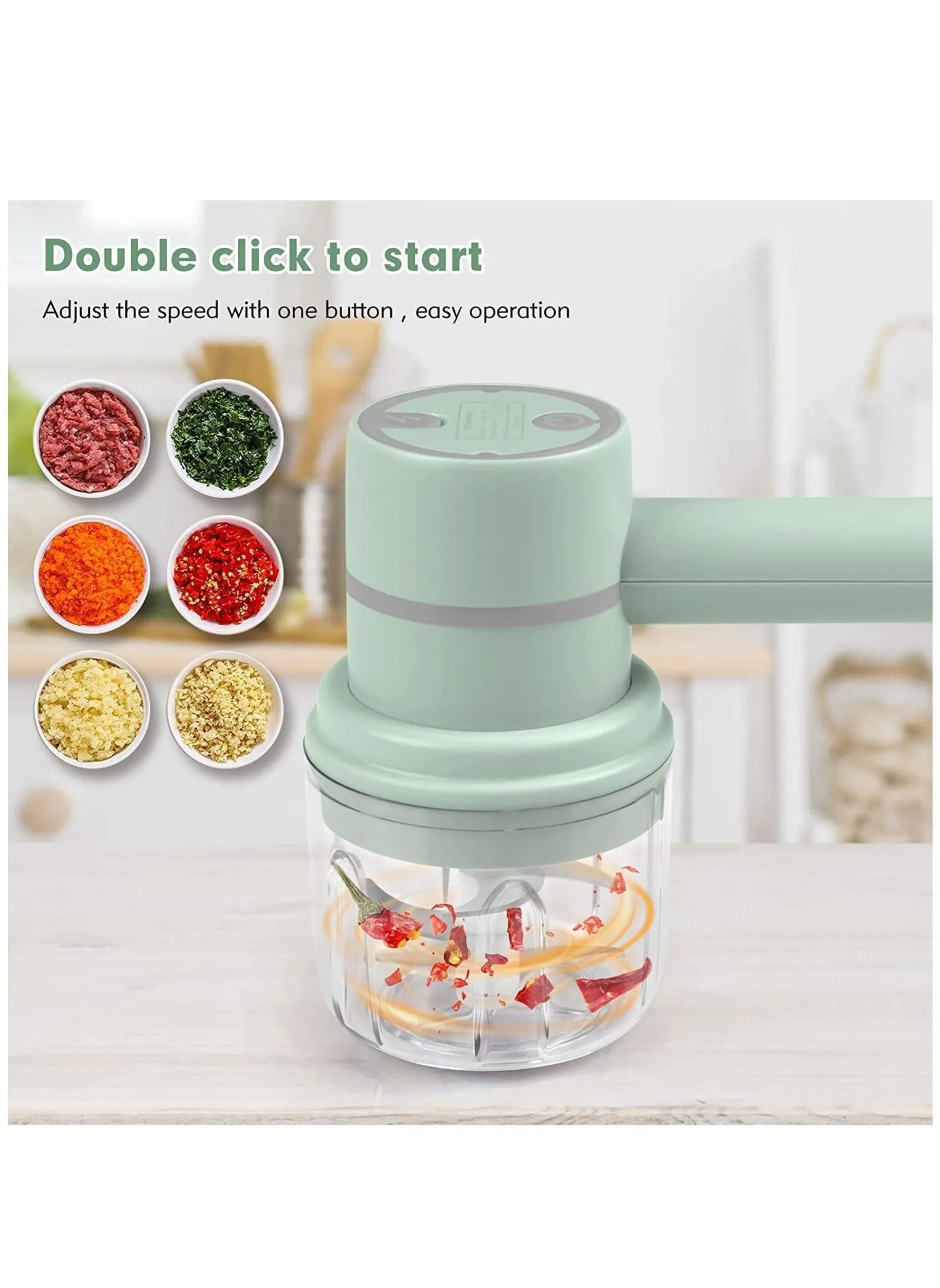 Electric Garlic Chopper Cordless Hand Mixer Electric with The Function of Chopper 3in1 Speed Change Hand Mixer with 304 Stainless Steel Egg Beater BPA-free Food Chopper Green-2