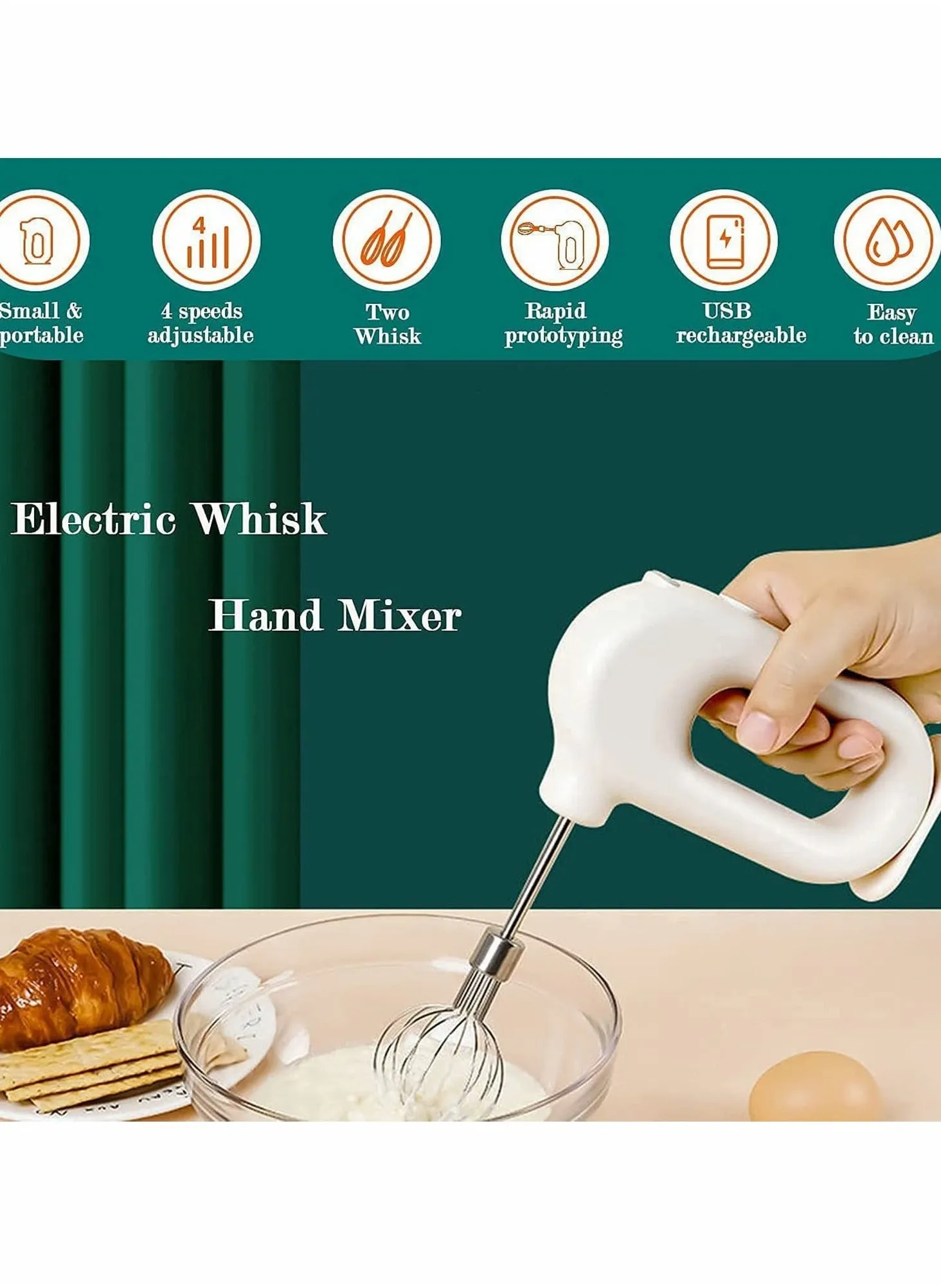 Electric Mixer,Compact Cordless Egg Beater USB Rechargable with 2 Detachable Stir Whisks 4 Speed Modes-2