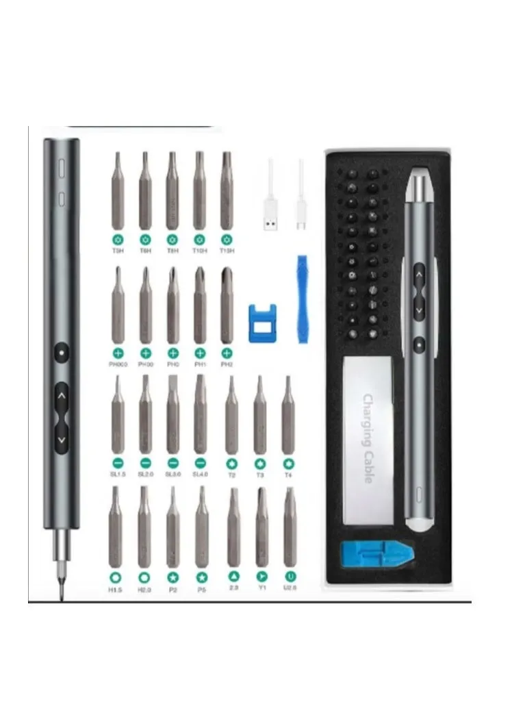 مفك براغي كهربائي دقيق | عزم دوران قابل للتعديل بسرعتين | 24 رأس مفك براغي - حاوية مغناطيسية | سرعة محرك قوية 170 دورة في الدقيقة | بطارية 350 مللي أمبير في الساعة | لأجهزة الكمبيوتر المحمولة والهواتف المحمولة | S2 Steel | رمادي-1