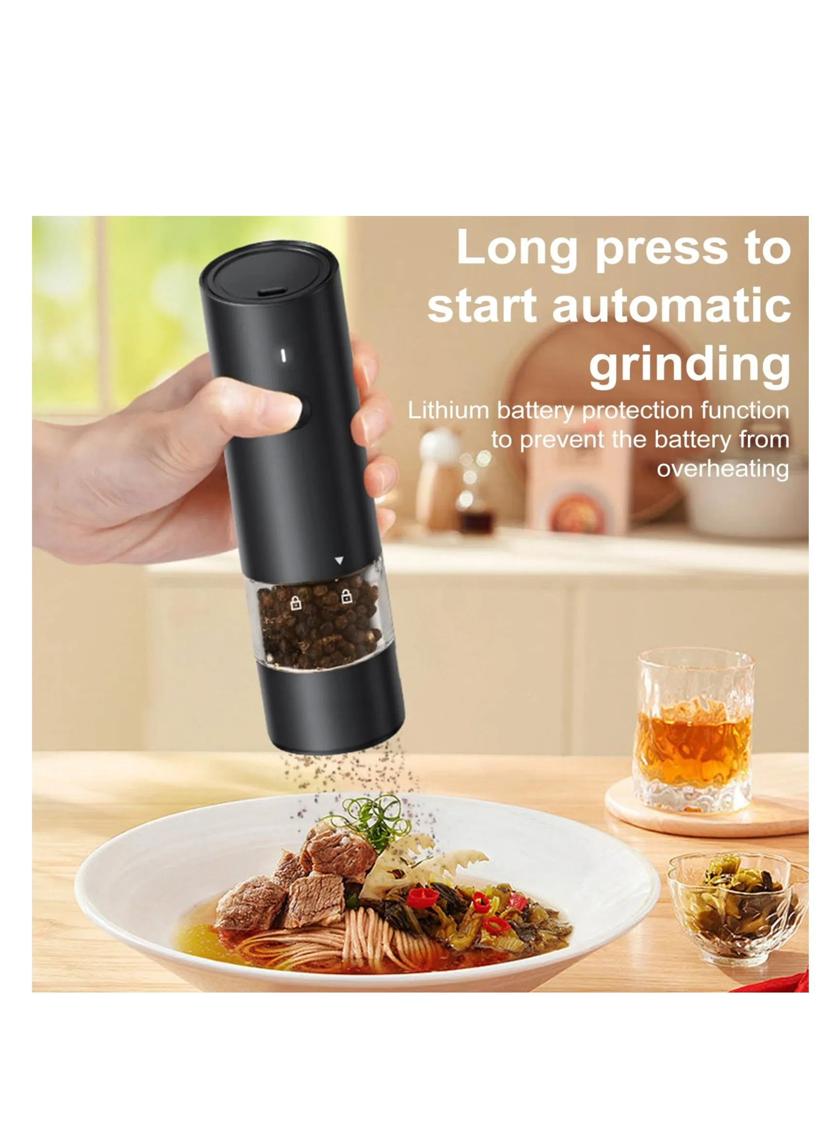 Electric Salt Pepper Grinder, USB Rechargeable Adjustable Coarseness Pepper Mill Salt Grinder, Ceramic Core Clear Visible, Handheld Spice Grinding Tool with LED Light, Kitchen Gadgets-2