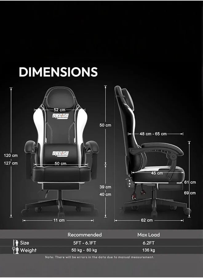 كرسي ألعاب دروغو مريح، كرسي ألعاب فيديو مع مسند ذراع للربط ومسند للقدمين ومقعد قابل للتعديل كرسي كمبيوتر مع وسادة جلدية للرأس ومدلك قطني للمنزل والمكتب مع استلقاء أسود وأبيض-2