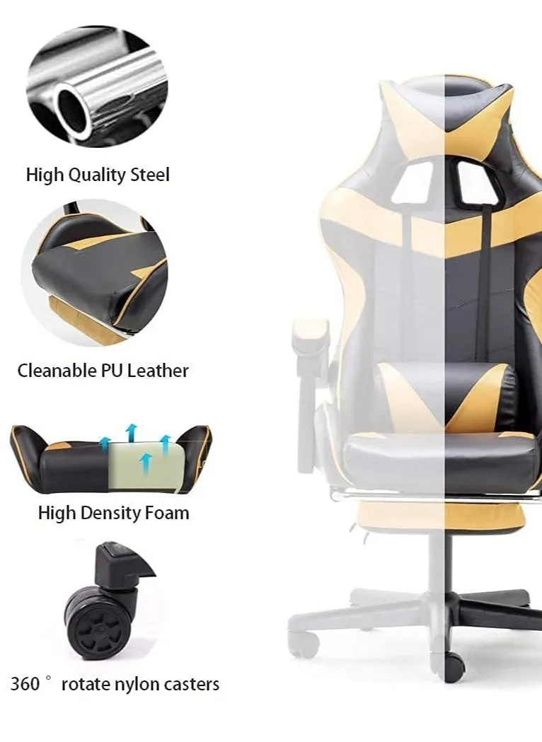 Ergonomic Gaming Chair with Lumbar Support,Leather Chair for Home Office, Adjustable High Back Computer Desk Chair with Retractable Footrest (Gold)-2