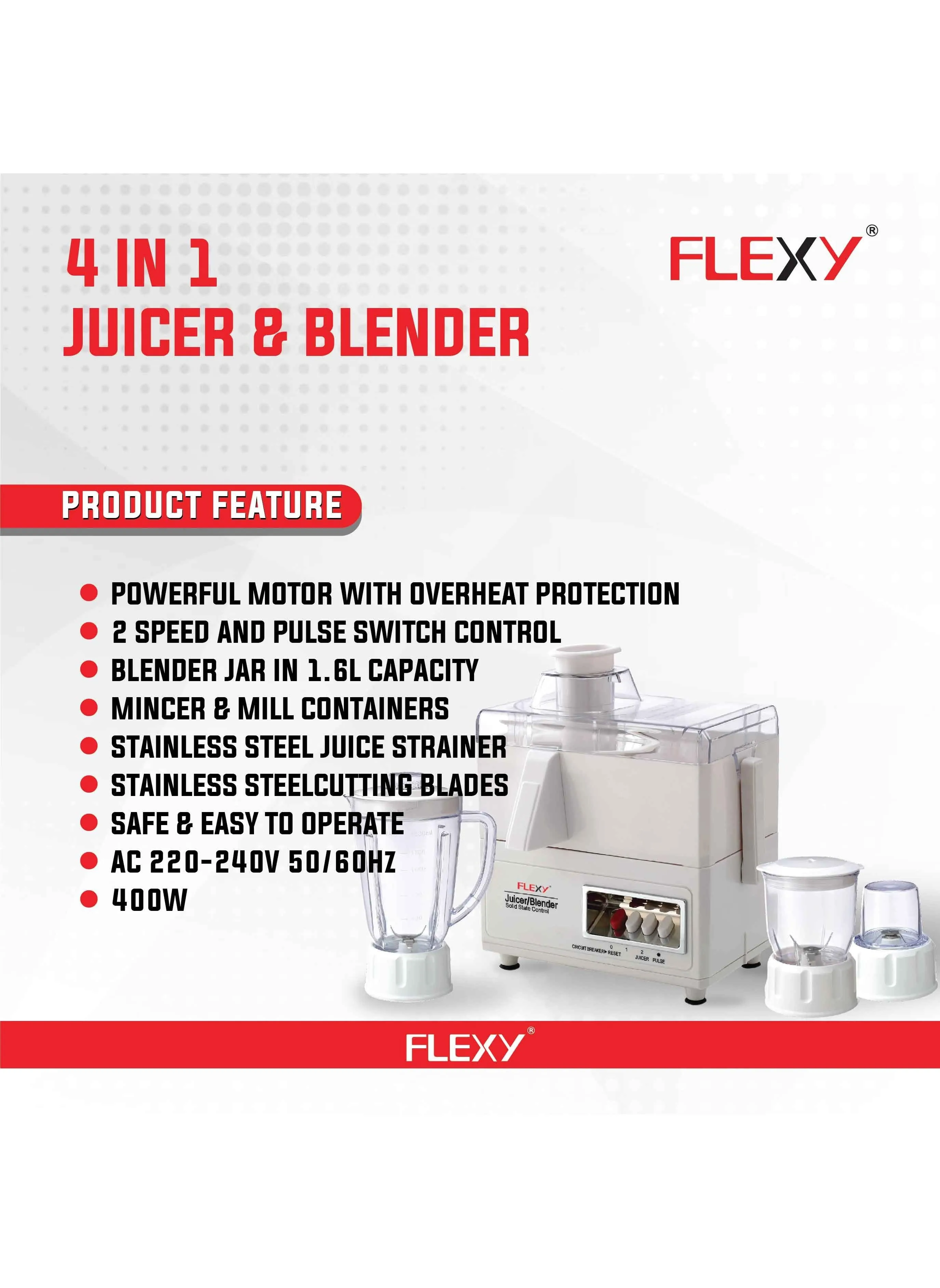 خلاط عصارة محضر طعام FLEXY 650 وات 4 في 1 مع وعاء سعة 1.8 لتر، وعاء 500 مل، مطحنة جافة 100 جرام، وظيفة نبض مزدوجة السرعة-2