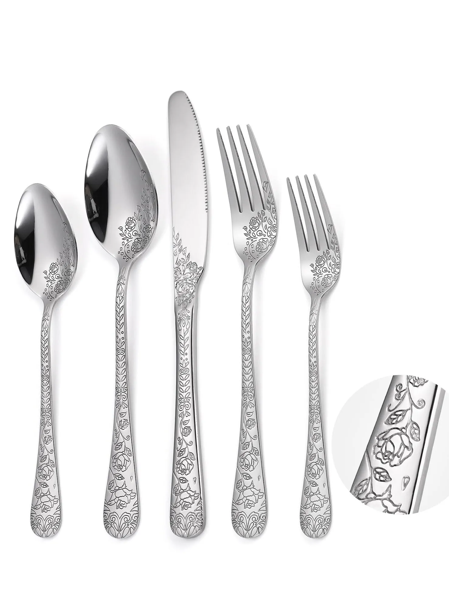 Floral Silverware Set, 5 Silvery Flatware Stainless Steel with Delicate Engraved Rose Flower Embossed Design Complete Cutlery Utensils for Home Everyday Use Festival Parties-1