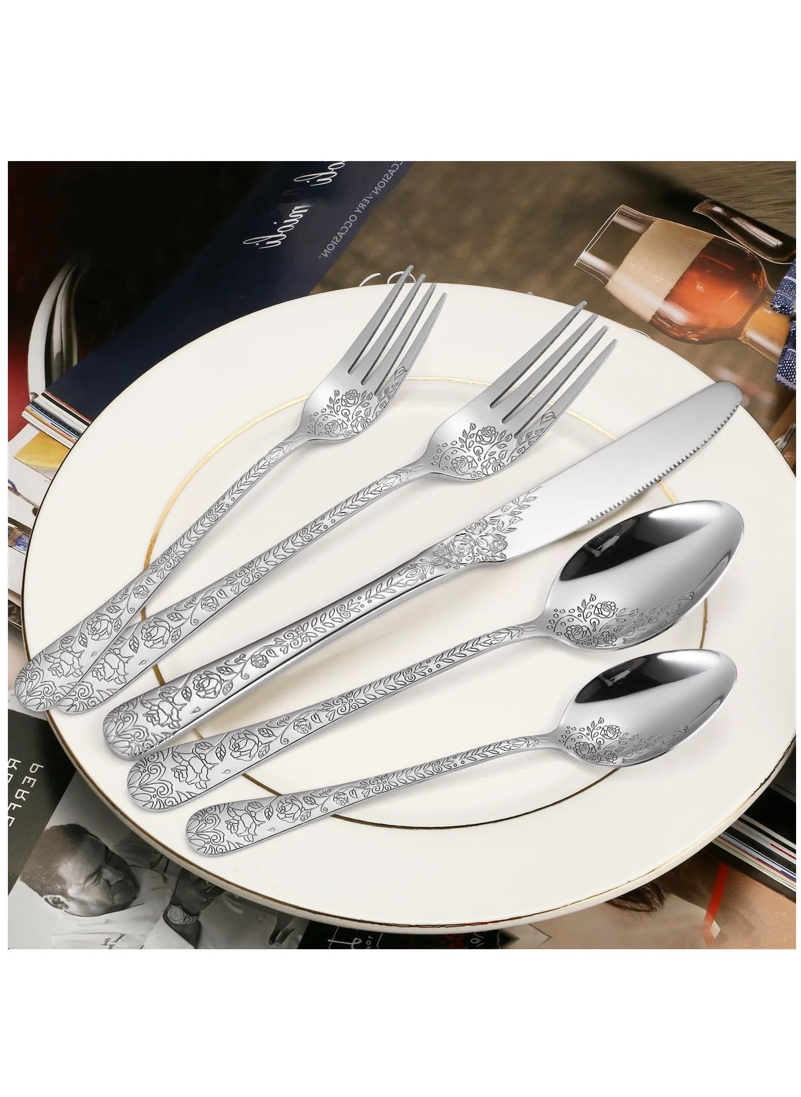 Floral Silverware Set, 5 Silvery Flatware Stainless Steel with Delicate Engraved Rose Flower Embossed Design Complete Cutlery Utensils for Home Everyday Use Festival Parties-2