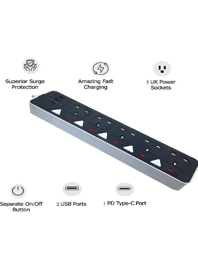 شريط طاقة فلوسون بخمسة مقابس مع منفذين يو إس بي ومنفذ واحد من النوع سي | سلك تمديد بطول 5 أمتار | واقي من التيار الزائد | شحن سريع | متوافق مع أجهزة متعددة | أساسي للمنزل والمكتب-2