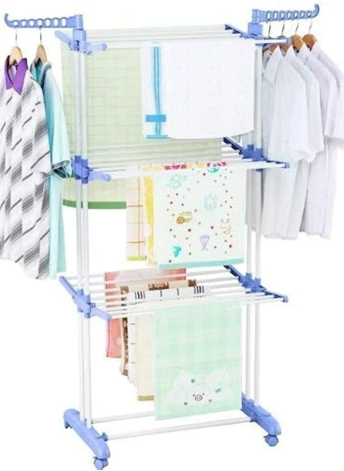 Foldable Clothes Dryer Rack Laundry Drying Rack Standing Clothes Drying Stand Laundry Rack Stand Airfoil-Style Rack Hanging Rods 3 Layer & Four 360 Degree Wheels-1