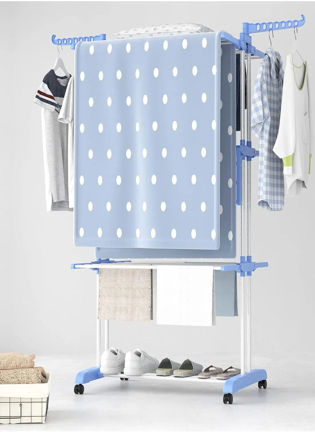 Foldable Clothes Dryer Rack Laundry Drying Rack Standing Clothes Drying Stand Laundry Rack Stand Airfoil-Style Rack Hanging Rods 3 Layer & Four 360 Degree Wheels-2