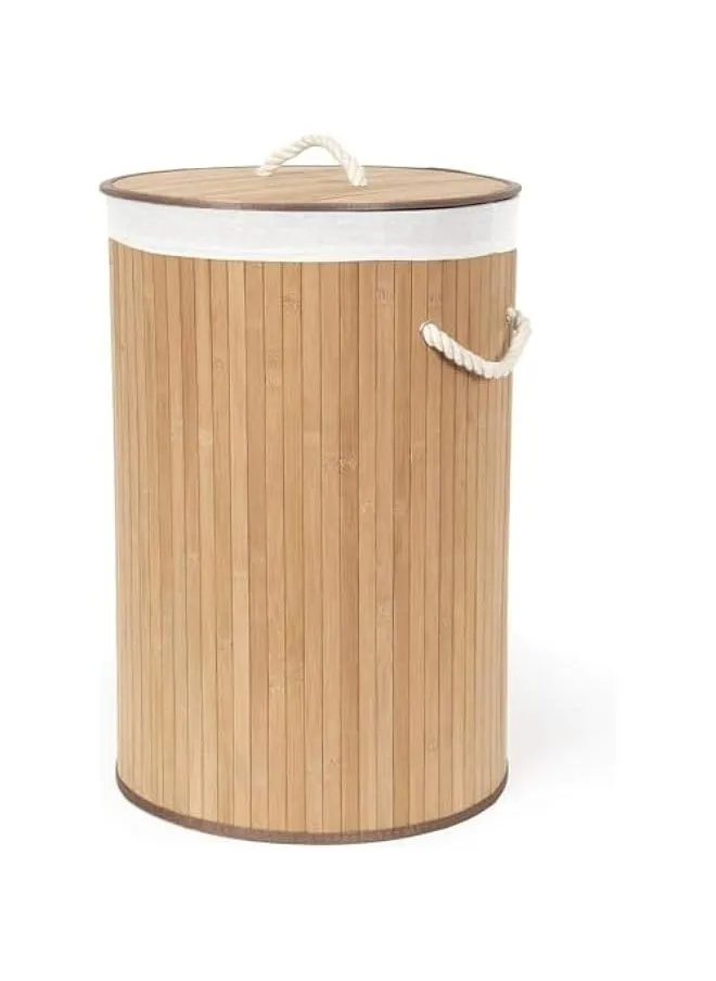 Foldable Flat Laundry Basket, Rectangular Wooden Laundry Basket with Lid 40x30x60cm, Bamboo and Polyester Cotton, Light Wood/Cream (Round)-2