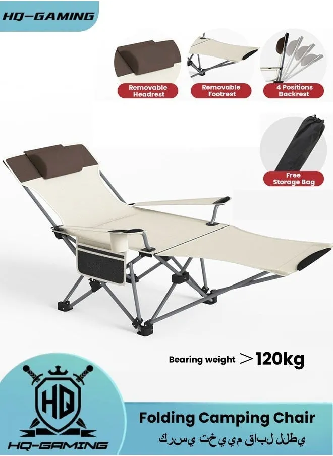 Folding Chair, Foldable Beach Chair with Adjustable High Back, Beach Lounge Chair, Indoor Outdoor Chair with Head Pillow, Lawn Chair Recliner with Arm Cup Holder and Side Pocket-1