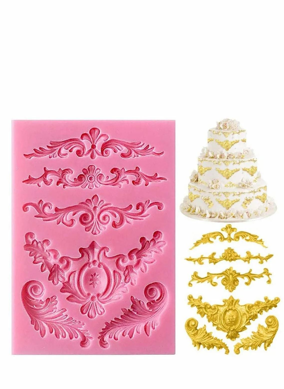 Fondant Silicone Mold Baroque Scroll Border Molds Vintage for DIY Baking Cake Decoration Tools Sculpted Flower Lace Mould 3D-1