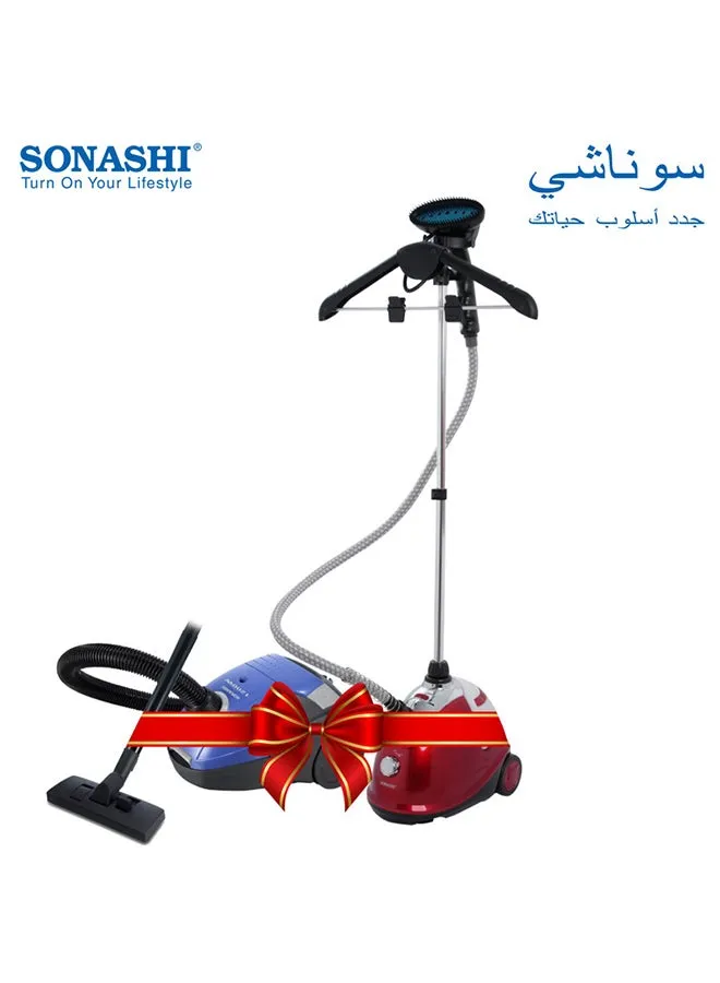 جهاز كي بالبخار للملابس بتصميم قائم بذاته مع مكنسة كهربائية للشفط 1.8 L 1800 W SGS-311 + SVC-9024 أحمر/أزرق-1