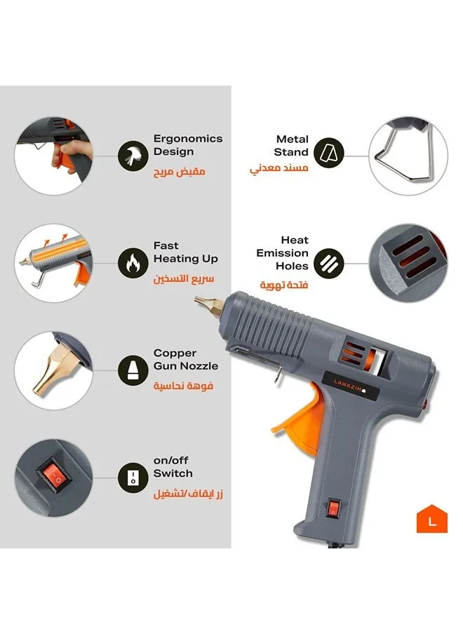 مسدس صمغ كبير بدرجة حرارة عالية ومؤشر LED بقدرة 60 واط بفوهة نحاسية شديدة التحمل و16 قطعة صمغ (11 × 200 ملم) للحرف المدرسية والفنون اليدوية والإصلاح المنزلي السريع مزود بمفتاح تشغيل/إيقاف-2