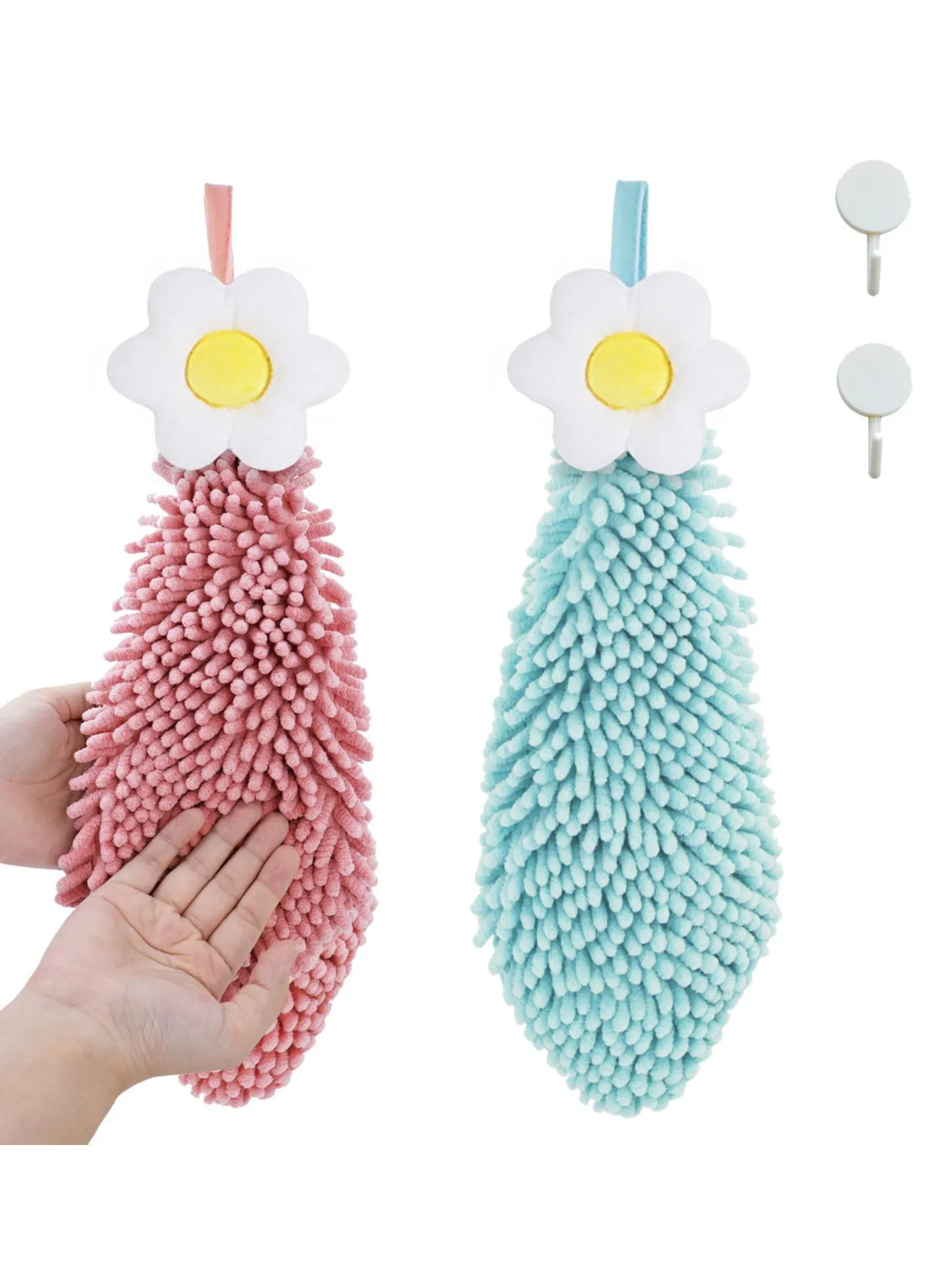 Fuzzy Ball Hand Towel, Kids Hand Towels, Cute Chenille Hanging Towels, 2 Pack Absorbent Thick Bathroom Hand Towels with Hanging Loop, Multi-Function Washcloth-1