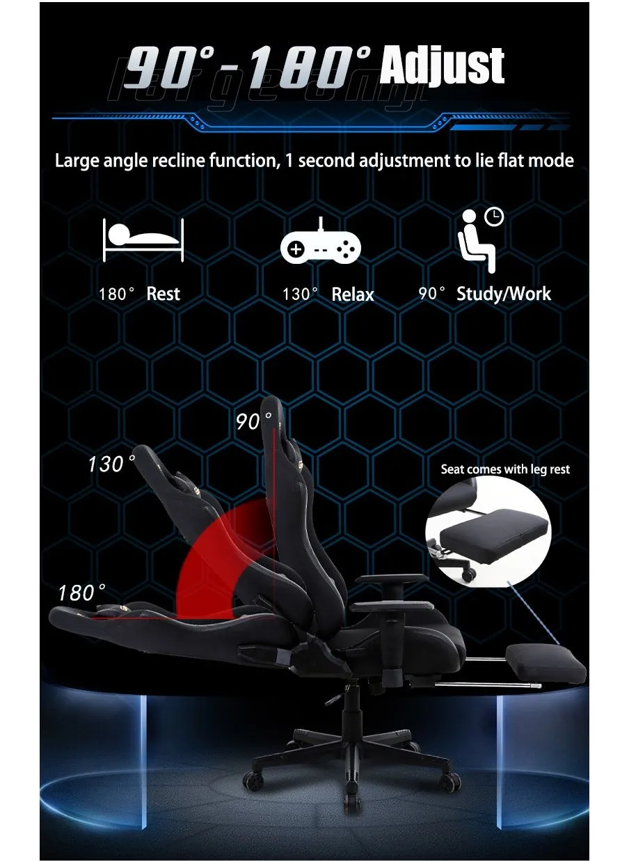 كرسي ألعاب، كرسي مهام قابل للرفع والدوران، مقعد خلفي قابل للإمالة 180 درجة مع مسند للساقين، مساند للذراعين قابلة للتعديل، مناسب لألعاب الكمبيوتر والمكتب (نسخة مطورة باللون الأسود)-2