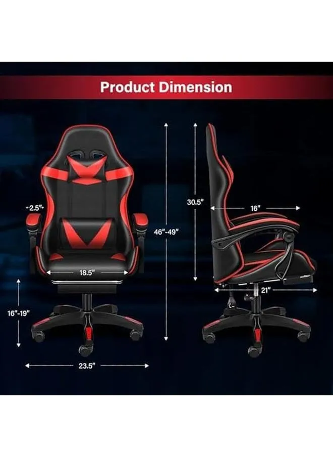 كرسي ألعاب مع مسند للقدمين، كرسي مريح لألعاب الفيديو على طراز السباق مع مسند للرأس، تدليك قطني، جلد البولي يوريثان، مسند للقدمين دوار وقابل للتعديل، أحمر-2