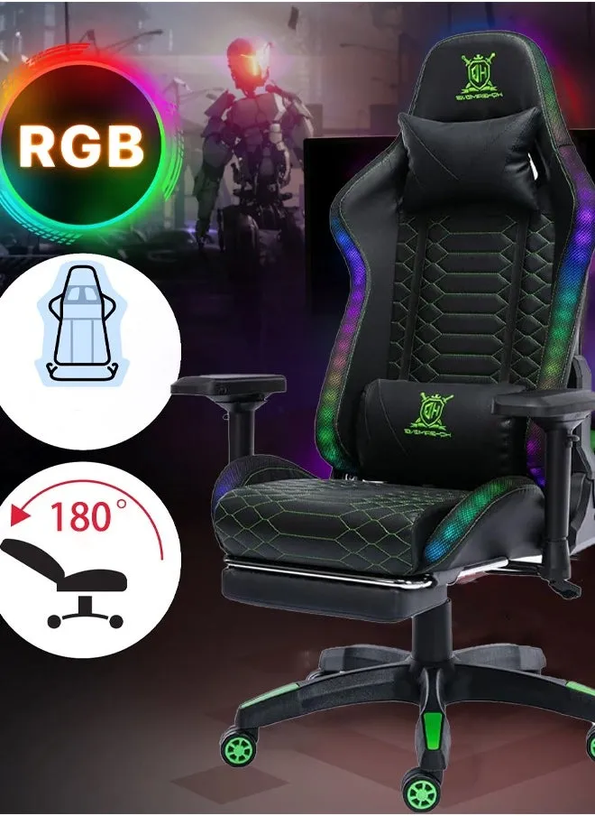 Gaming Chair with RGB LED Lights Computer Chair Ergonomic Racing Office Chair PU Leather Recliner Swivel E-Sports Chair with Lumbar Support Headrest Armrest and footrest Black-1