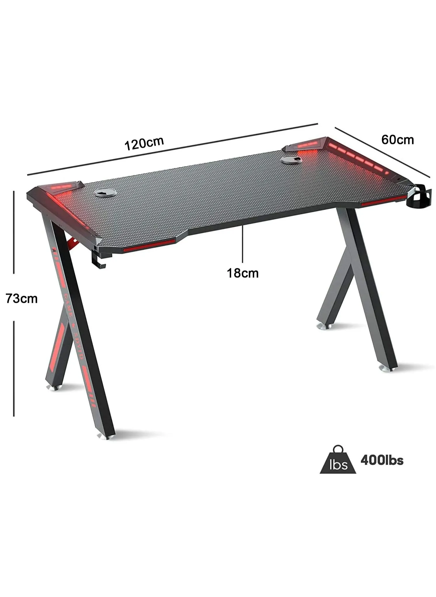 مكتب ألعاب مزود بأضواء LED RGB مقاس 110 سم مكتب كمبيوتر شخصي على شكل حرف Y طاولة مكتب كمبيوتر منزلية مع مقبض وحامل أكواب وخطاف سماعة الرأس-2